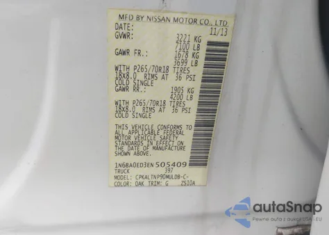 2014 Nissan Titan Sv из США, поврежденный, VIN 1N6BA0ED3EN505409